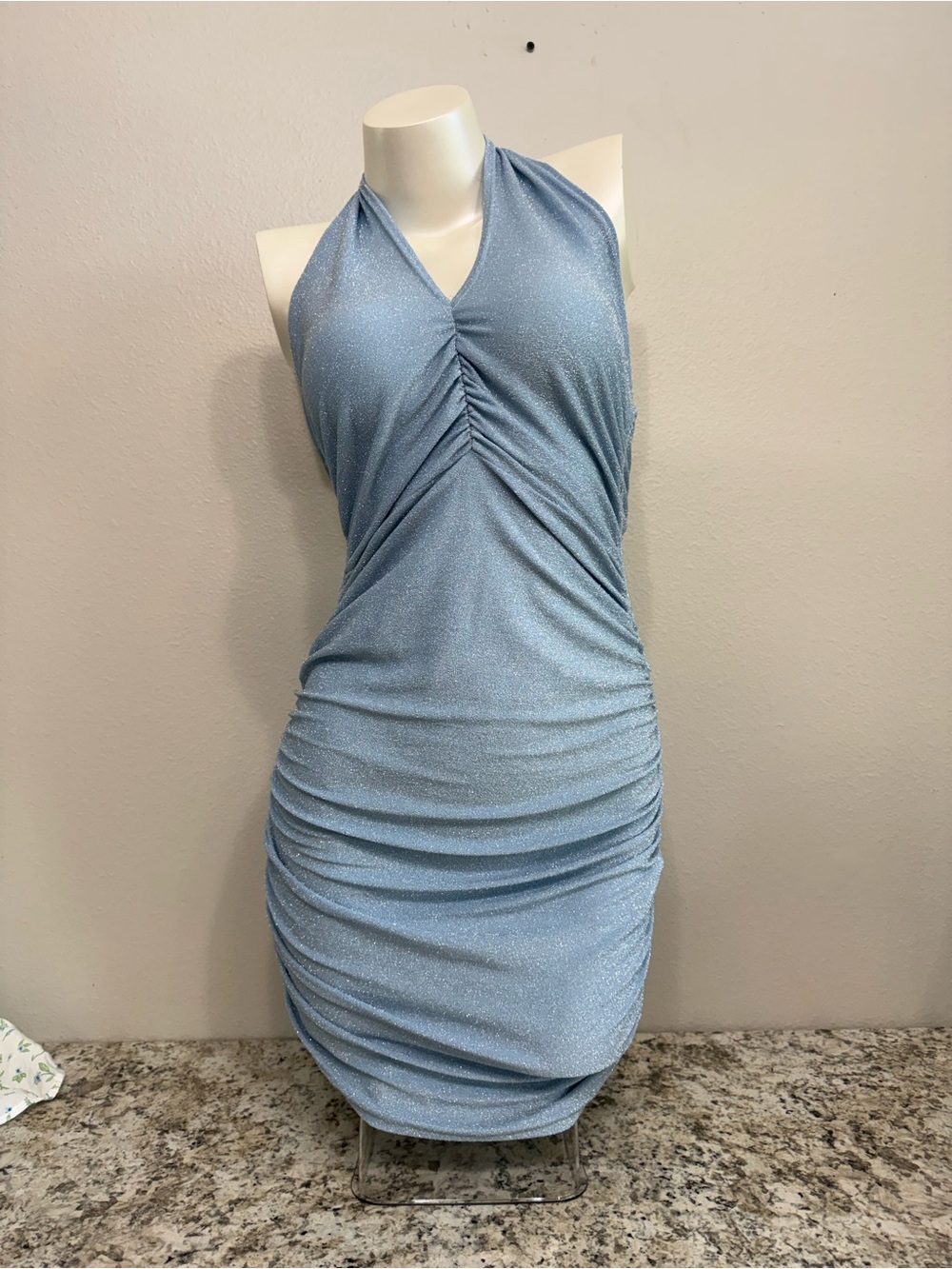 SHEIN Light Blue Halter Ruched Sparkle Mini Dress